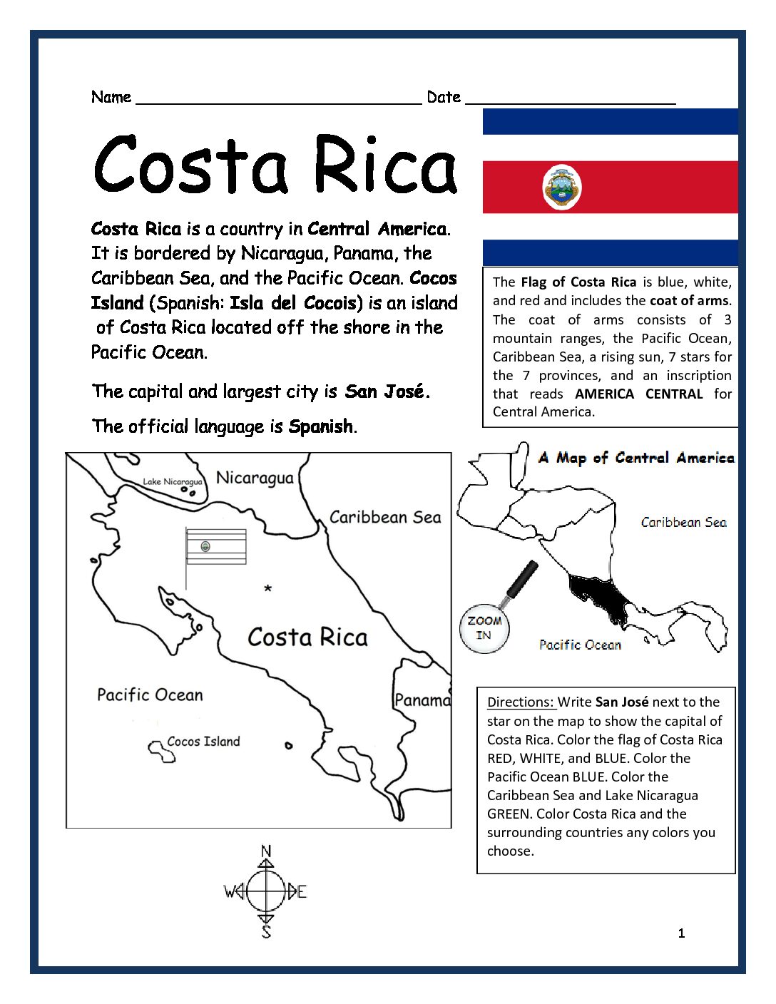 Costa Rica Printable Worksheet with Map and Flag