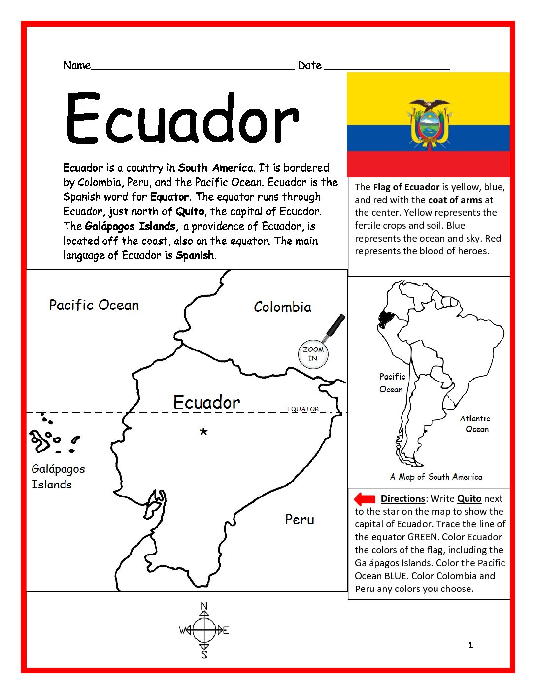 Ecuador Printable Worksheet with Map and Flag