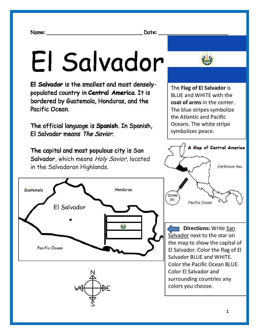 El Salvador Printable Worksheet with Map and Flag