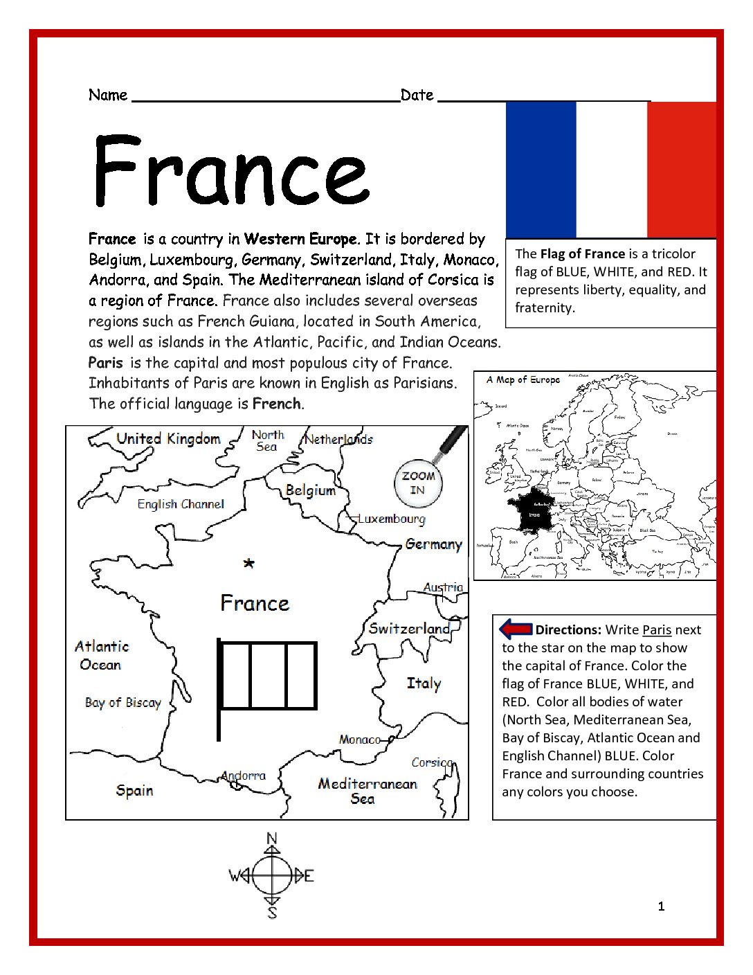 France Printable Worksheet with Map and Flag