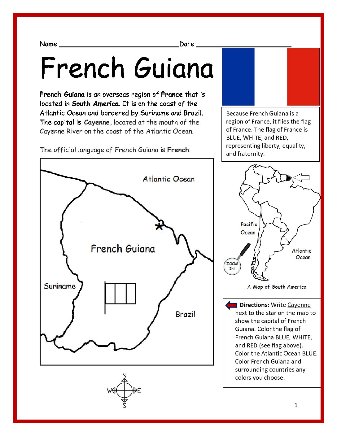 French Guiana Printable Worksheet with Map and Flag
