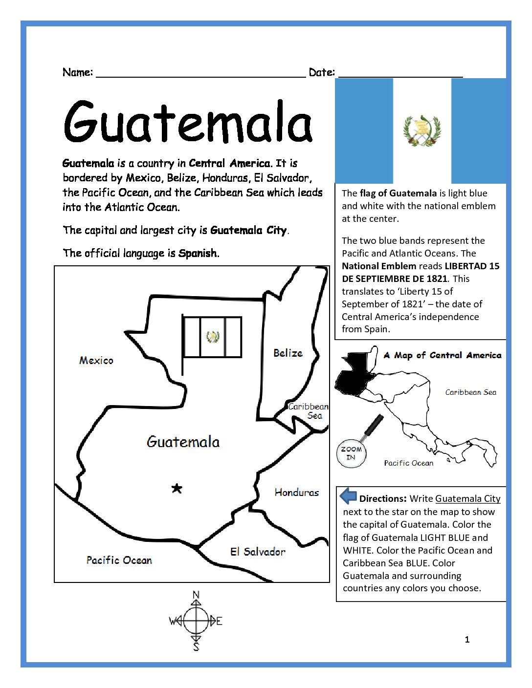Guatemala Printable Worksheet with Map and Flag