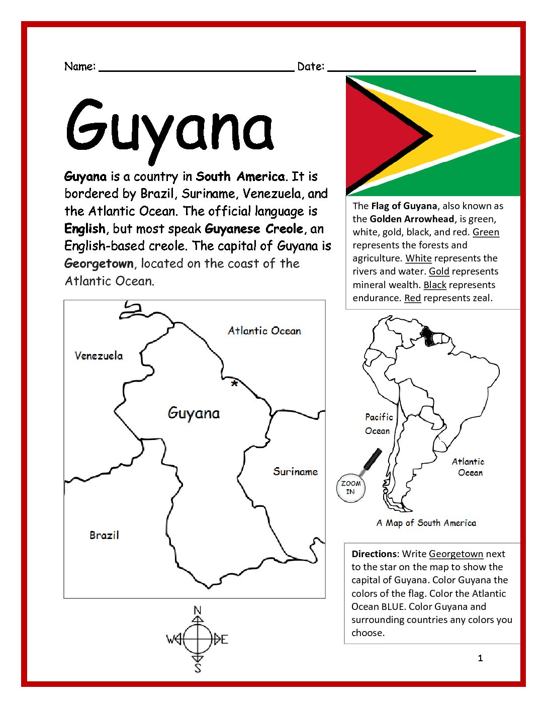 Guyana Printable Worksheet with Map and Flag