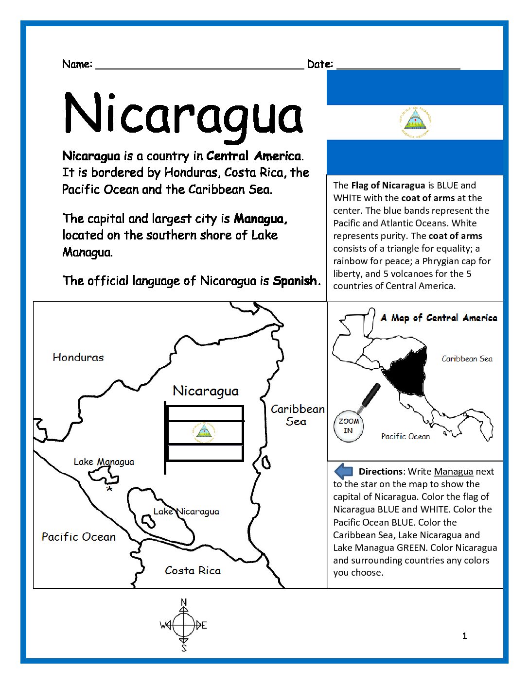 Nicaragua Printable Worksheet with Map and Flag