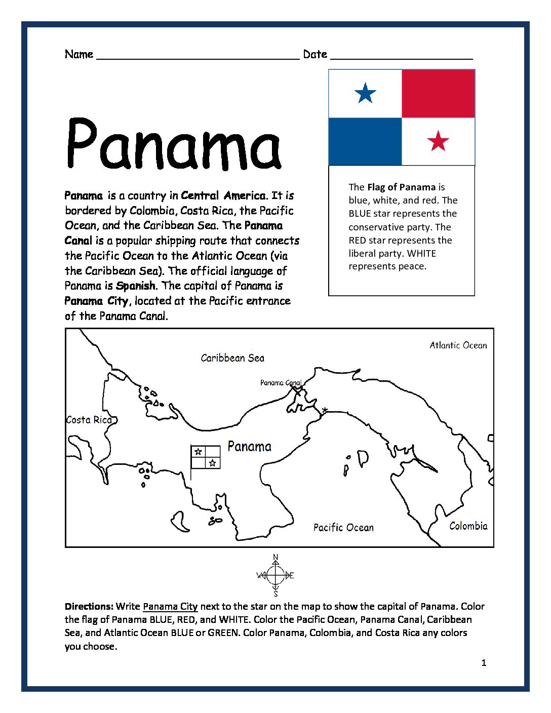 Panama Printable Worksheet with Map and Flag