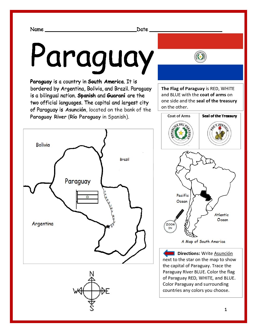 Paraguay Printable Worksheet with Map and Flag