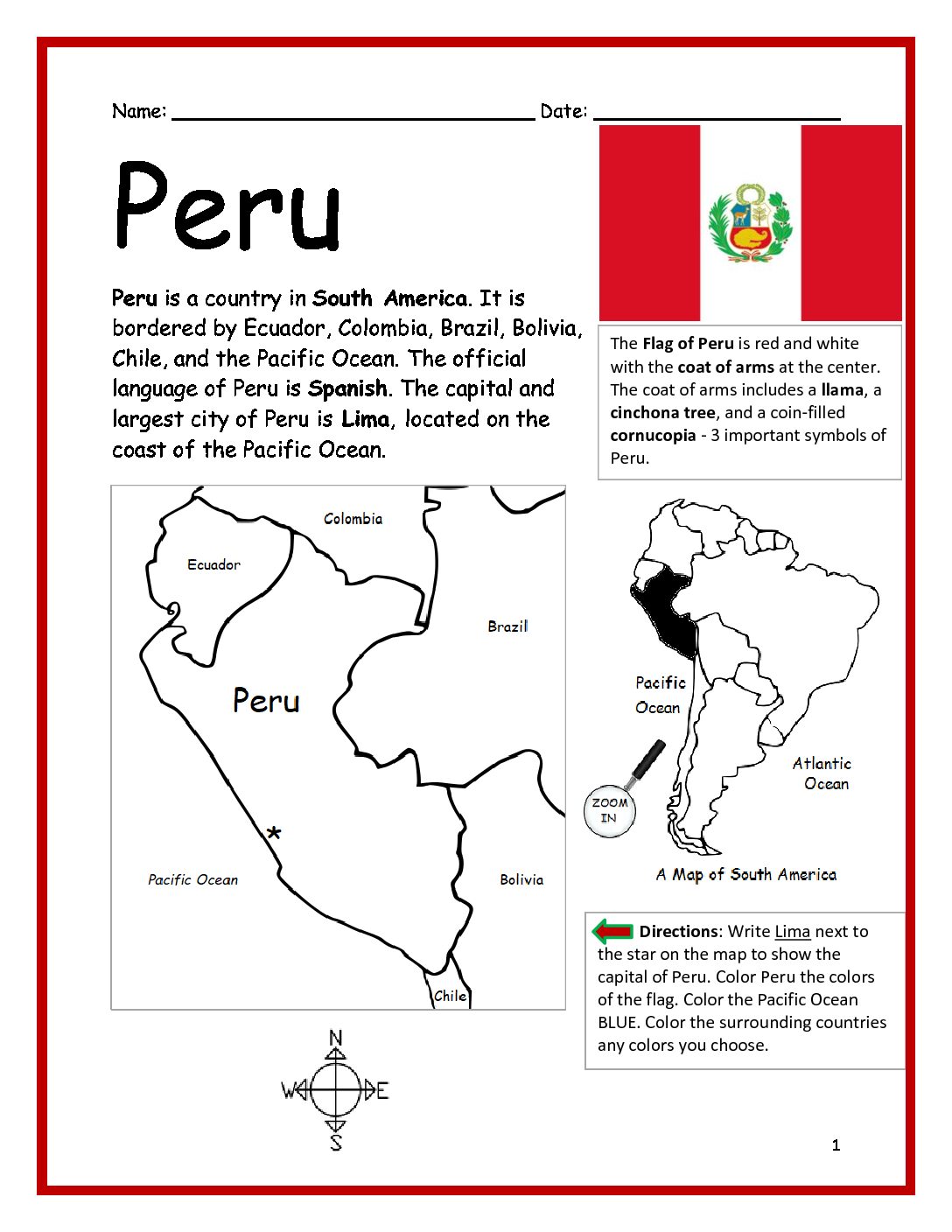 Peru Printable Worksheet with Map and Flag