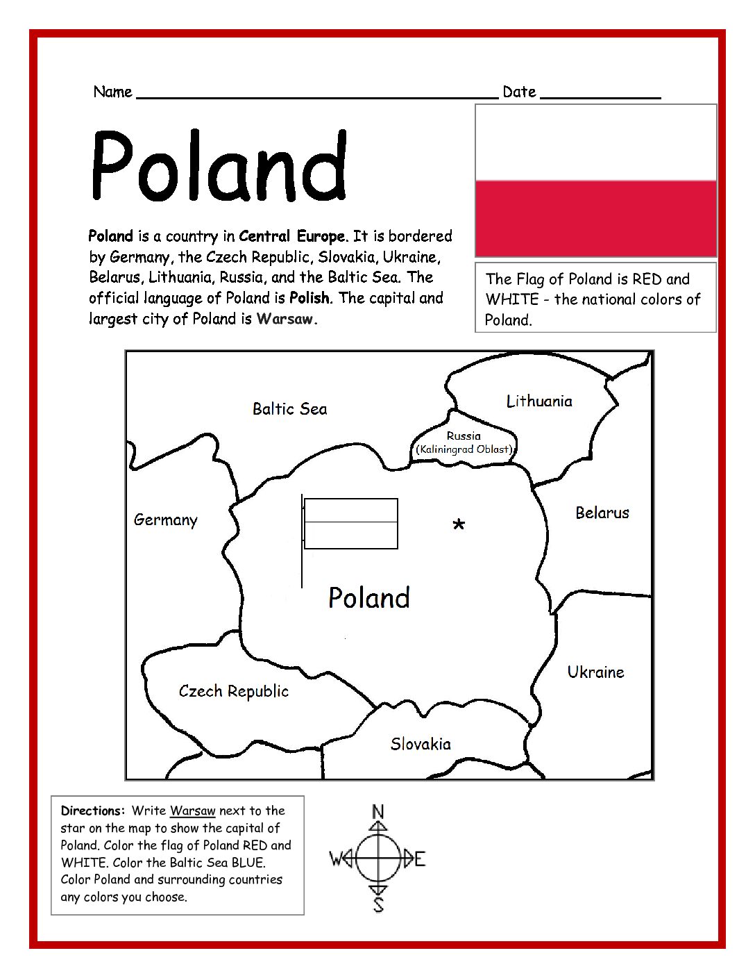 Poland Printable Worksheet with Map and Flag