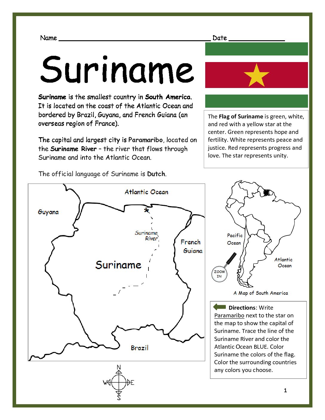 Suriname Printable Worksheet with Map and Flag