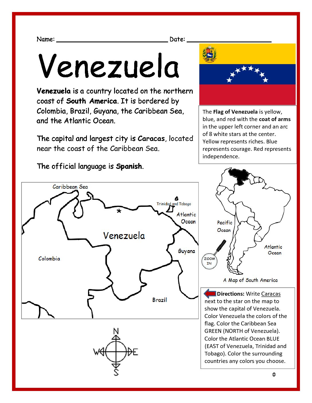 Venezuela Printable Worksheet with Map and Flag
