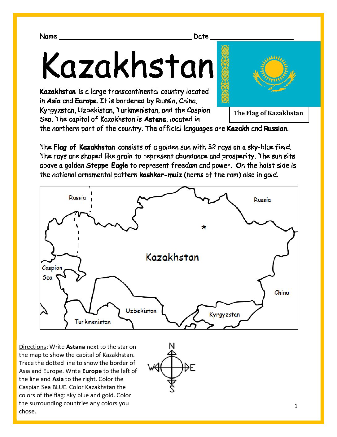 Kazakhstan Printable Worksheet