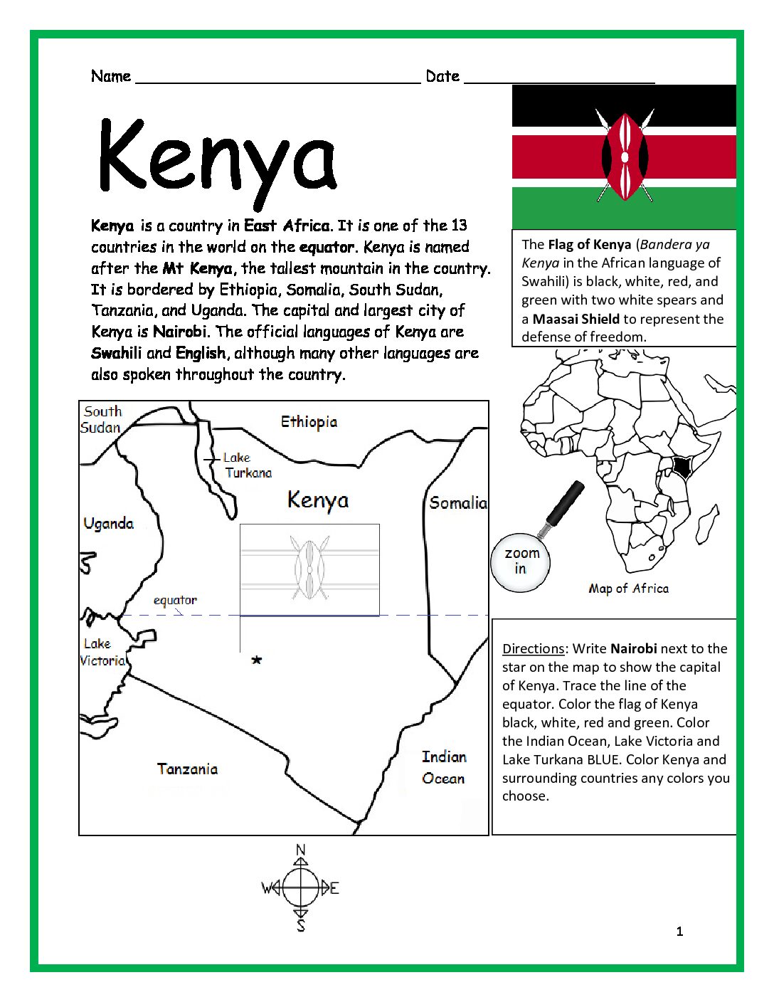 Kenya Printable Worksheet with Map and Flag
