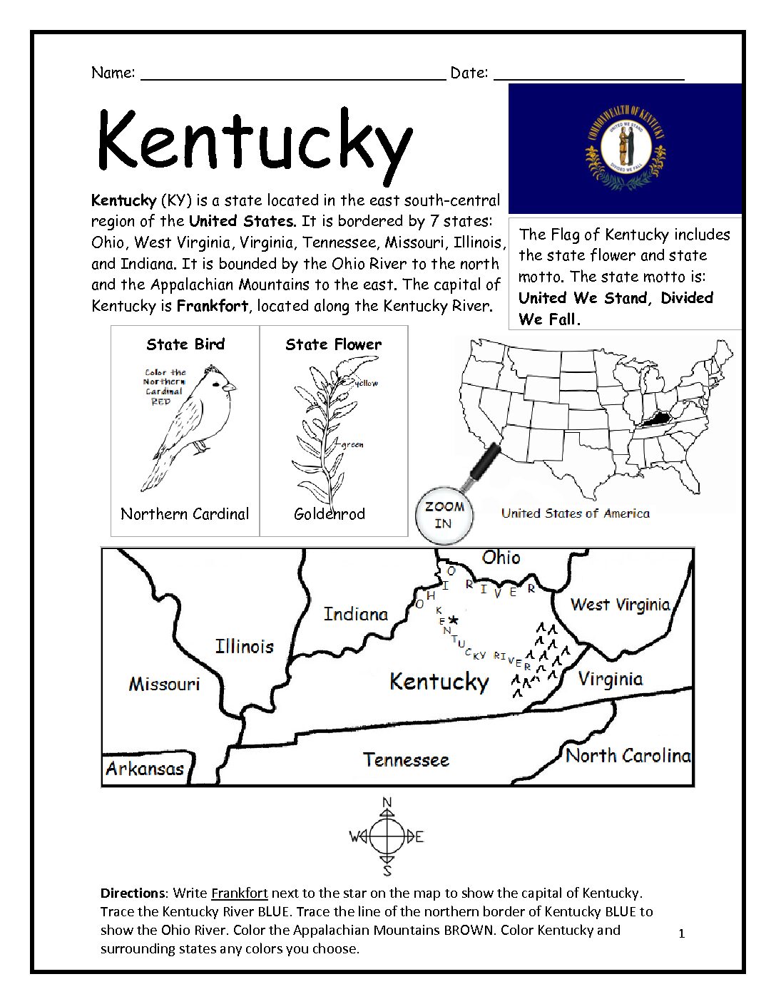 Kentucky Printable Worksheet with Map and Flag