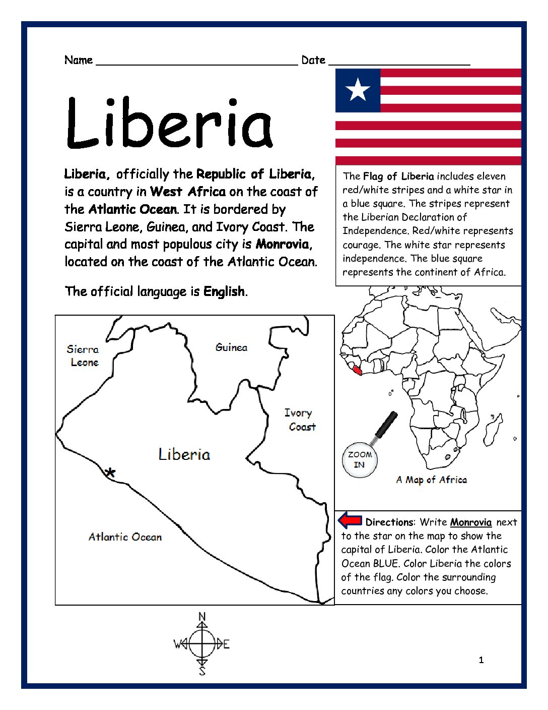 Liberia Printable Worksheet with Map and Flag