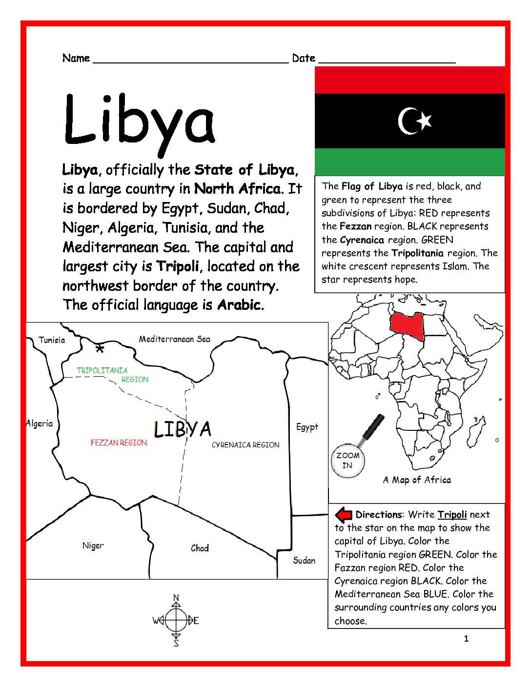 Libya Printable Worksheet with Map and Flag
