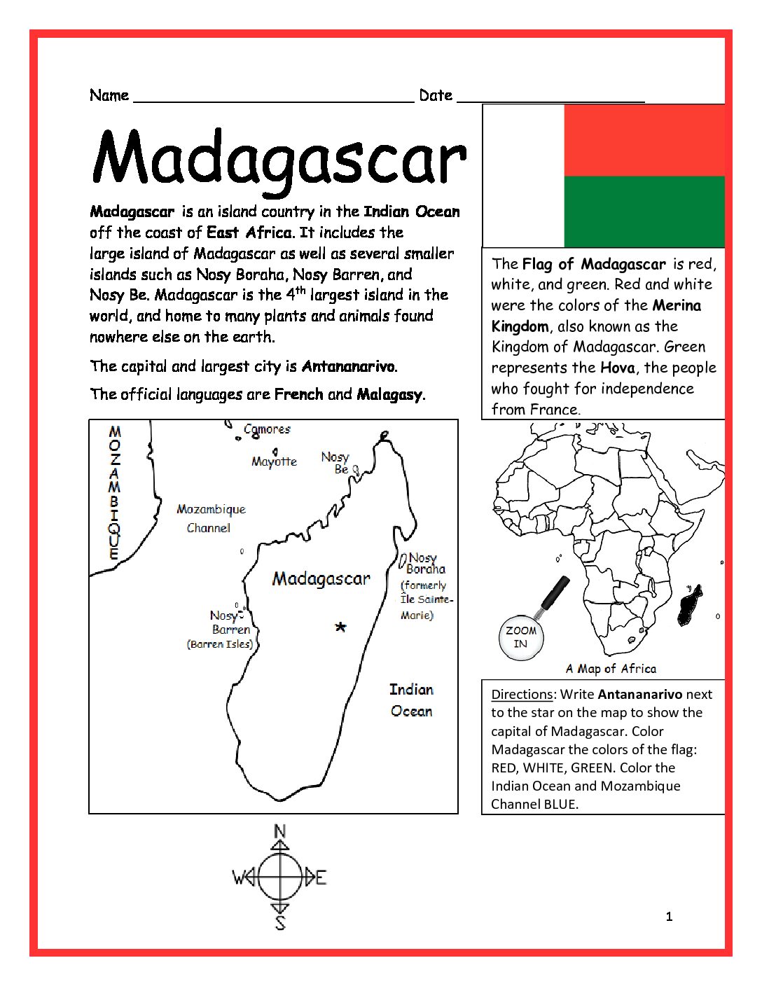Madagascar Printable Worksheet with Map and Flag