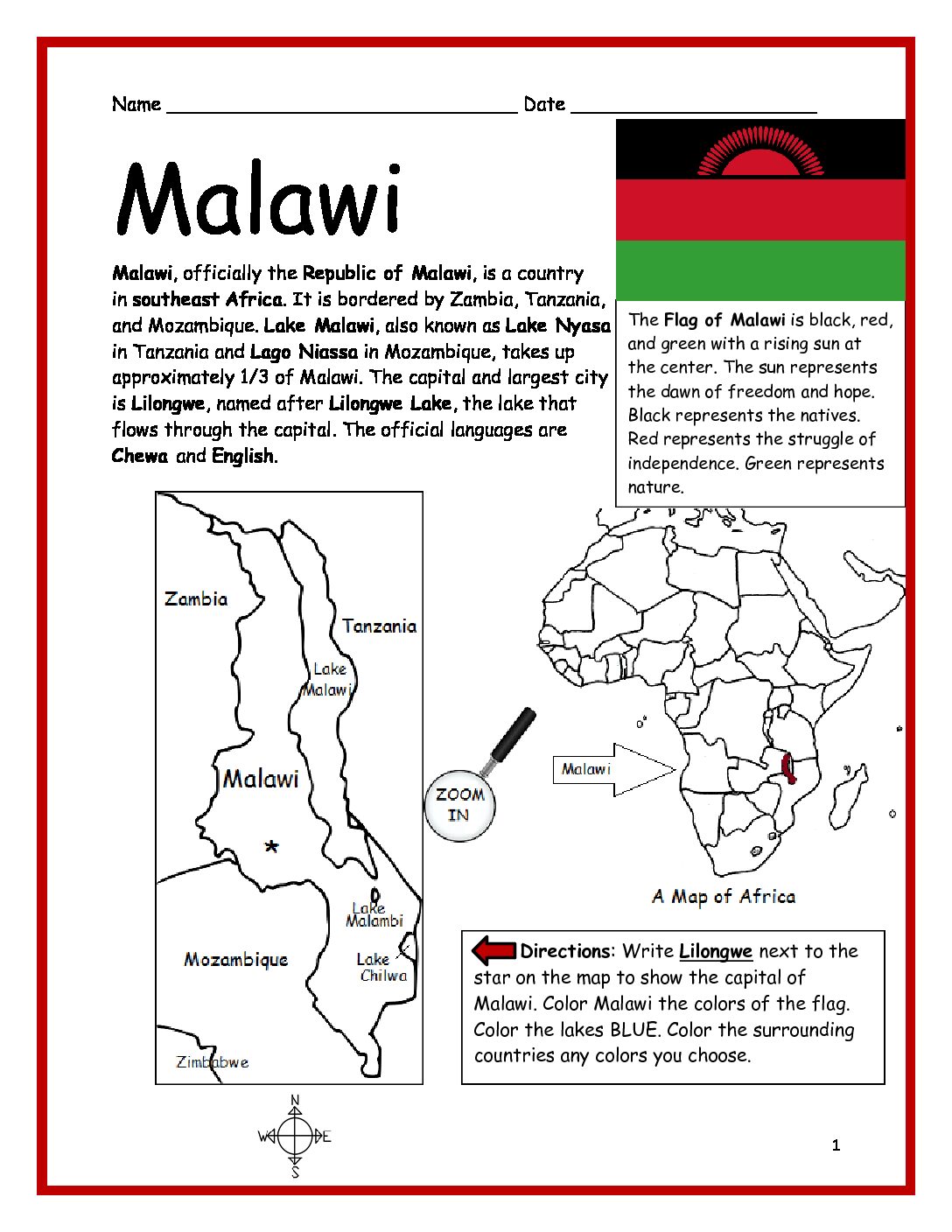 Malawi Printable Worksheet with Map and Flag