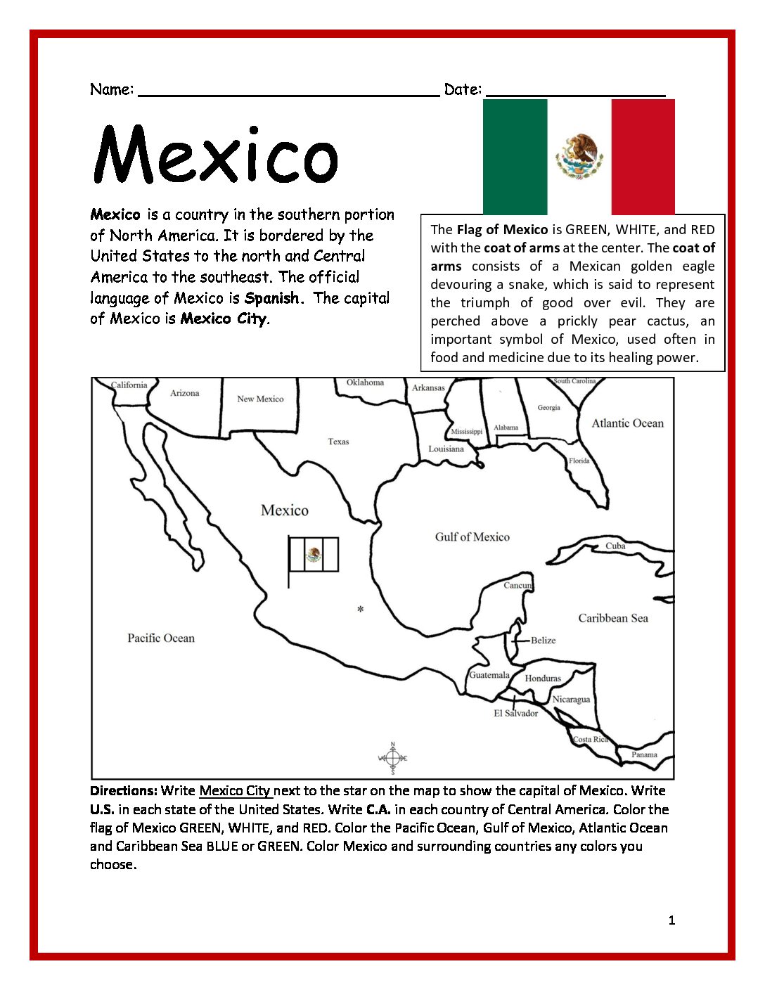 Mexico Printable Worksheet with Map and Flag
