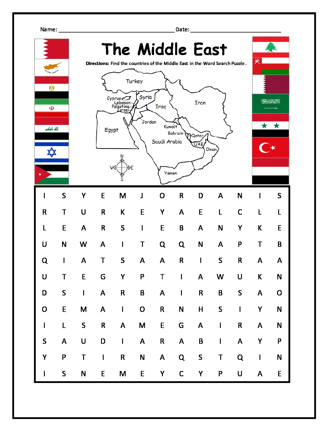 Countries of the Middle East Printable Map and Word Search Puzzle Activity