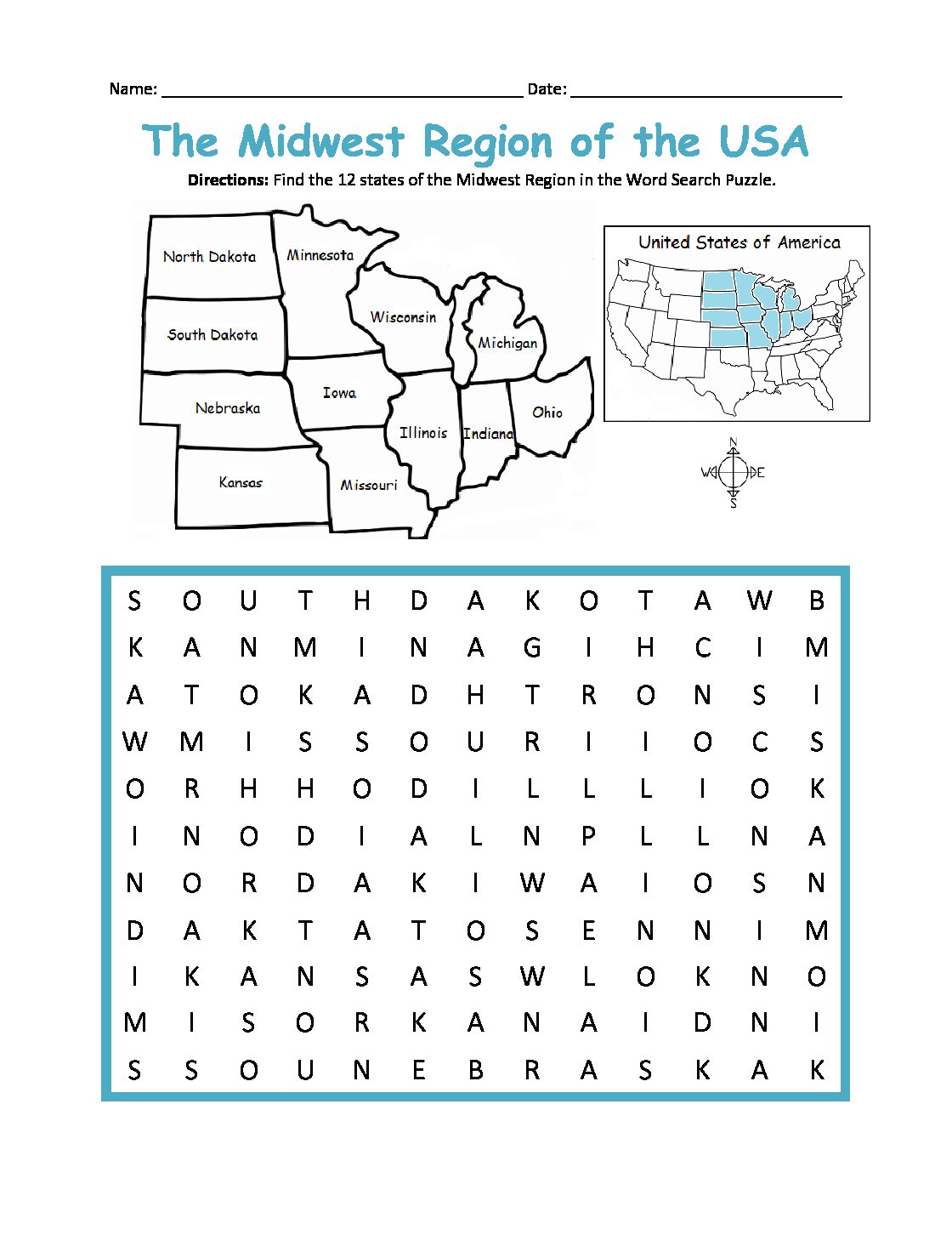 Midwest Region of the United States Printable Map and Word Search Puzzle Activity