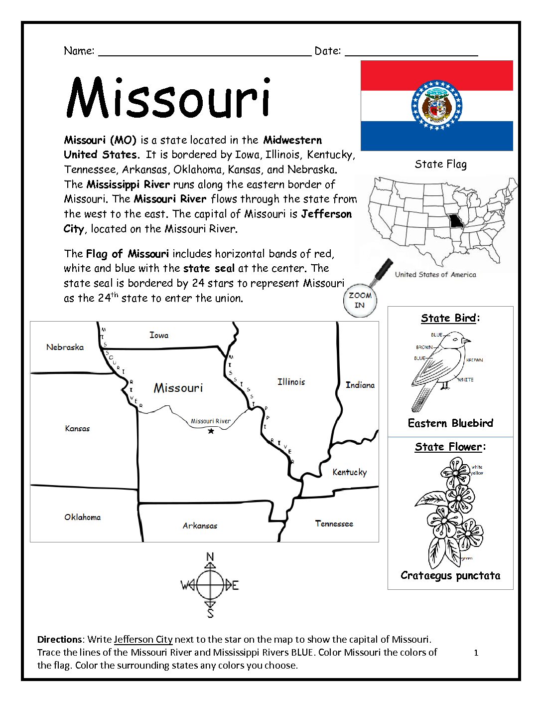 Missouri Printable Worksheet with Map and Flag
