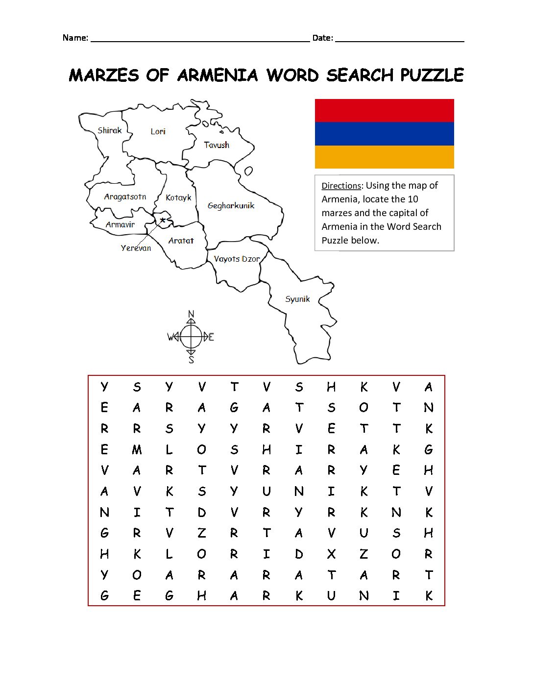 Armenia Marzes Printable Map and Word Search Puzzle Activity