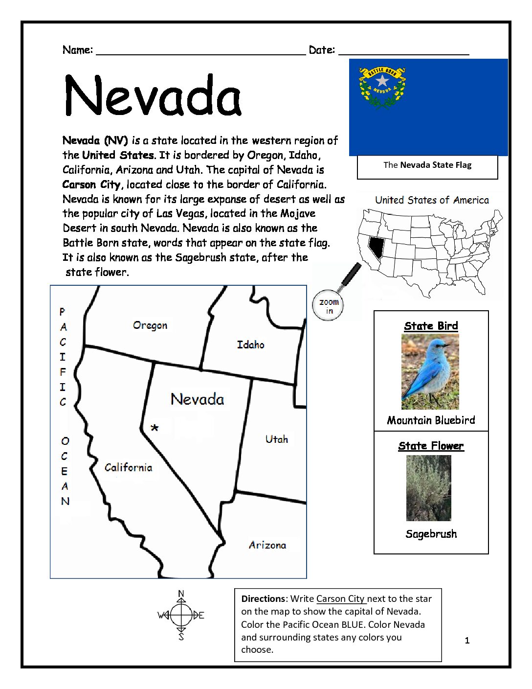 Nevada Printable Worksheet with Map and Flag