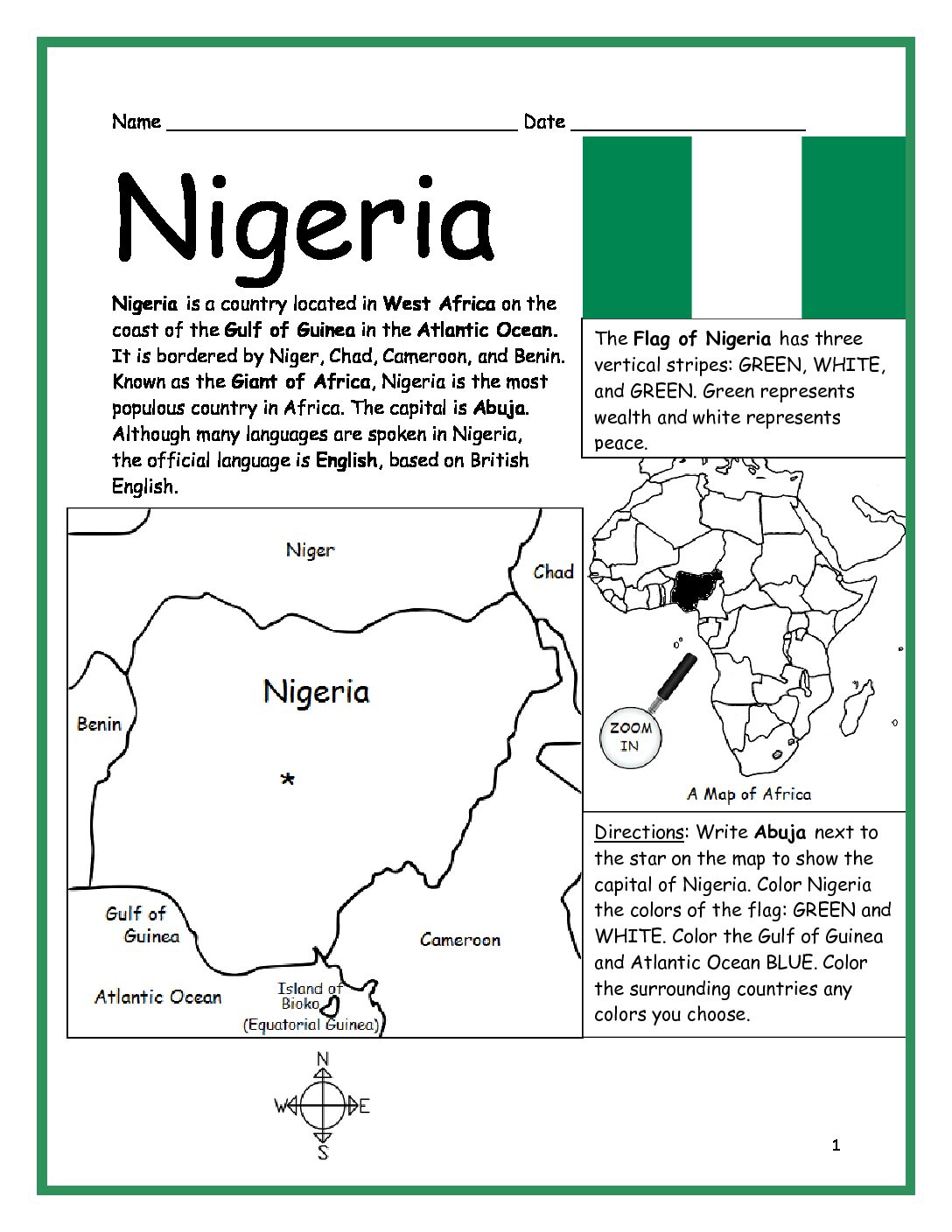 Nigeria Printable Worksheet with Map and Flag