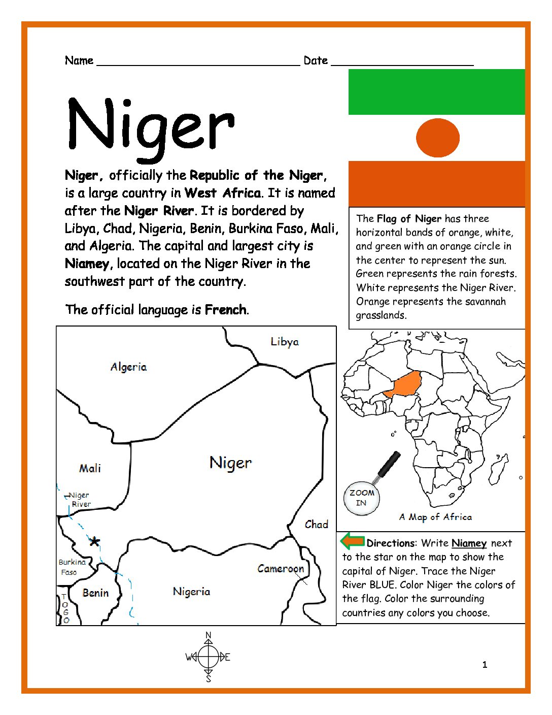 Niger Printable Worksheet with Map and Flag
