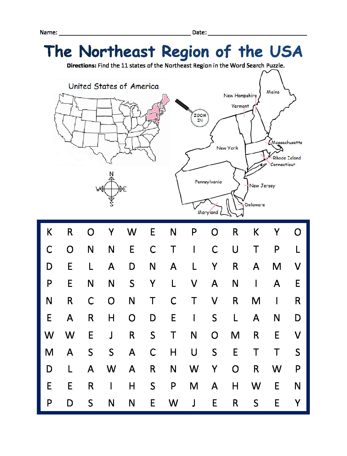 Northeast Region of the USA Printable Map and Word Search Puzzle Activity
