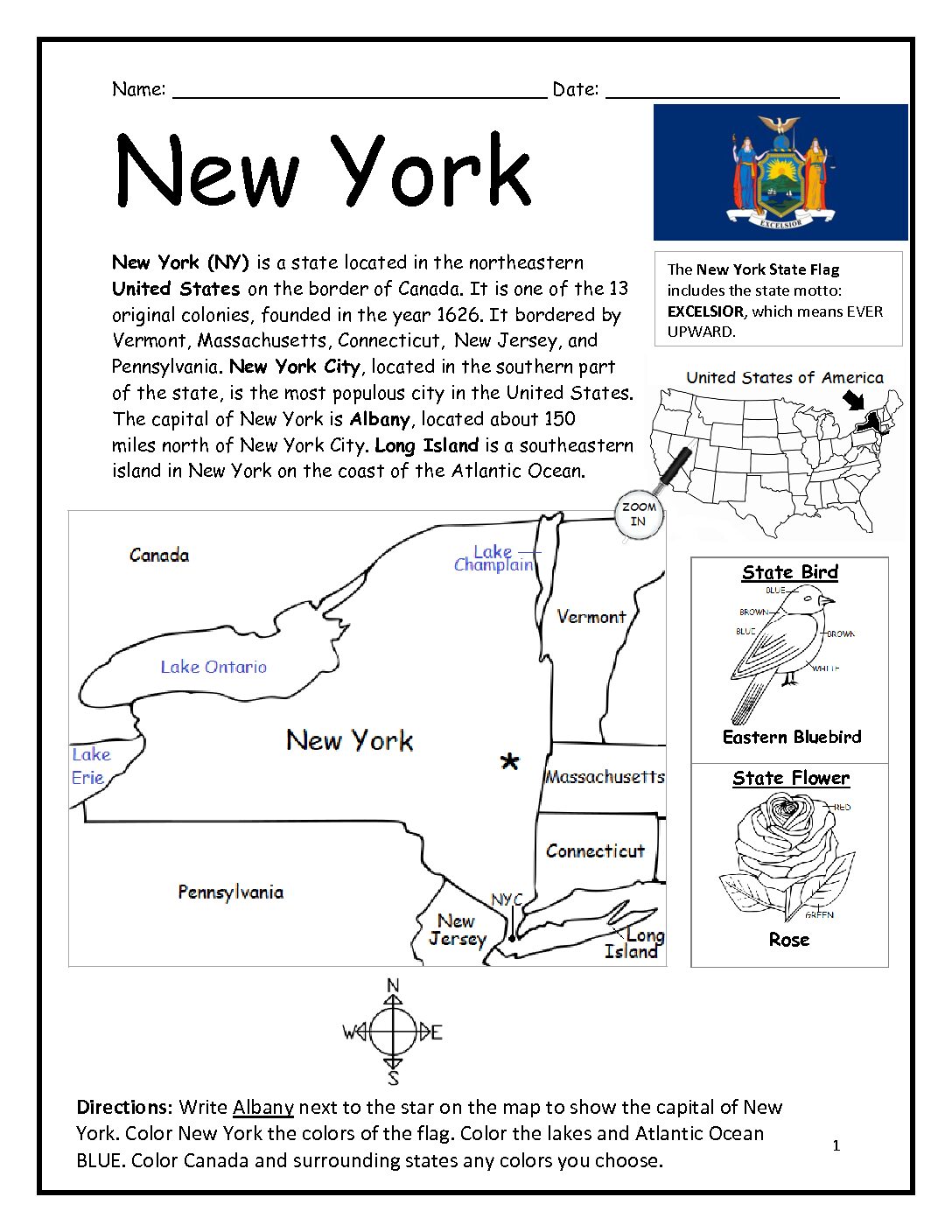 New York State Printable Worksheet with Map and Flag