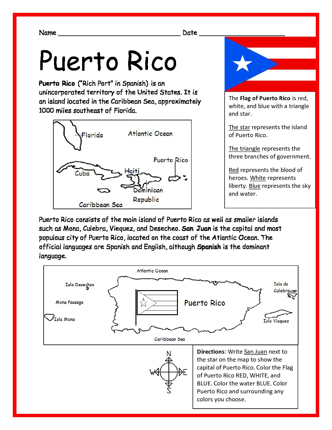 Puerto Rico Printable Worksheet with Map and Flag