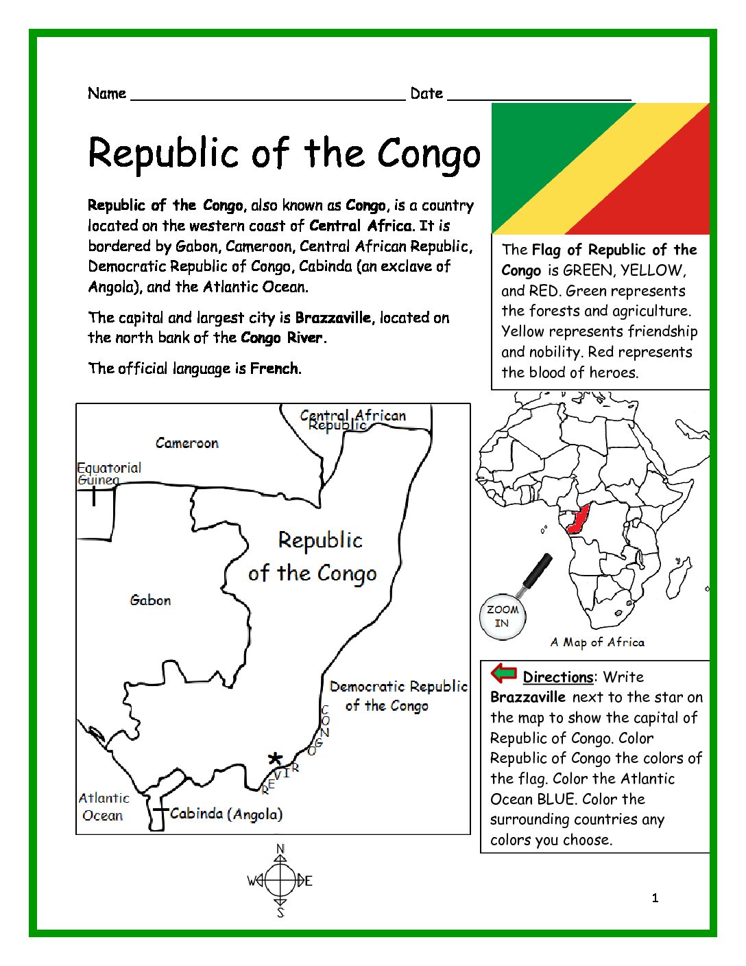 The Congo Printable Worksheet with Map and Flag