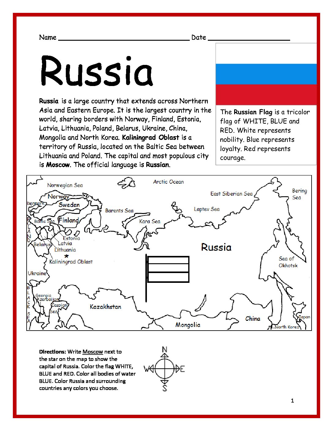 Russia Printable Worksheet with Map and Flag