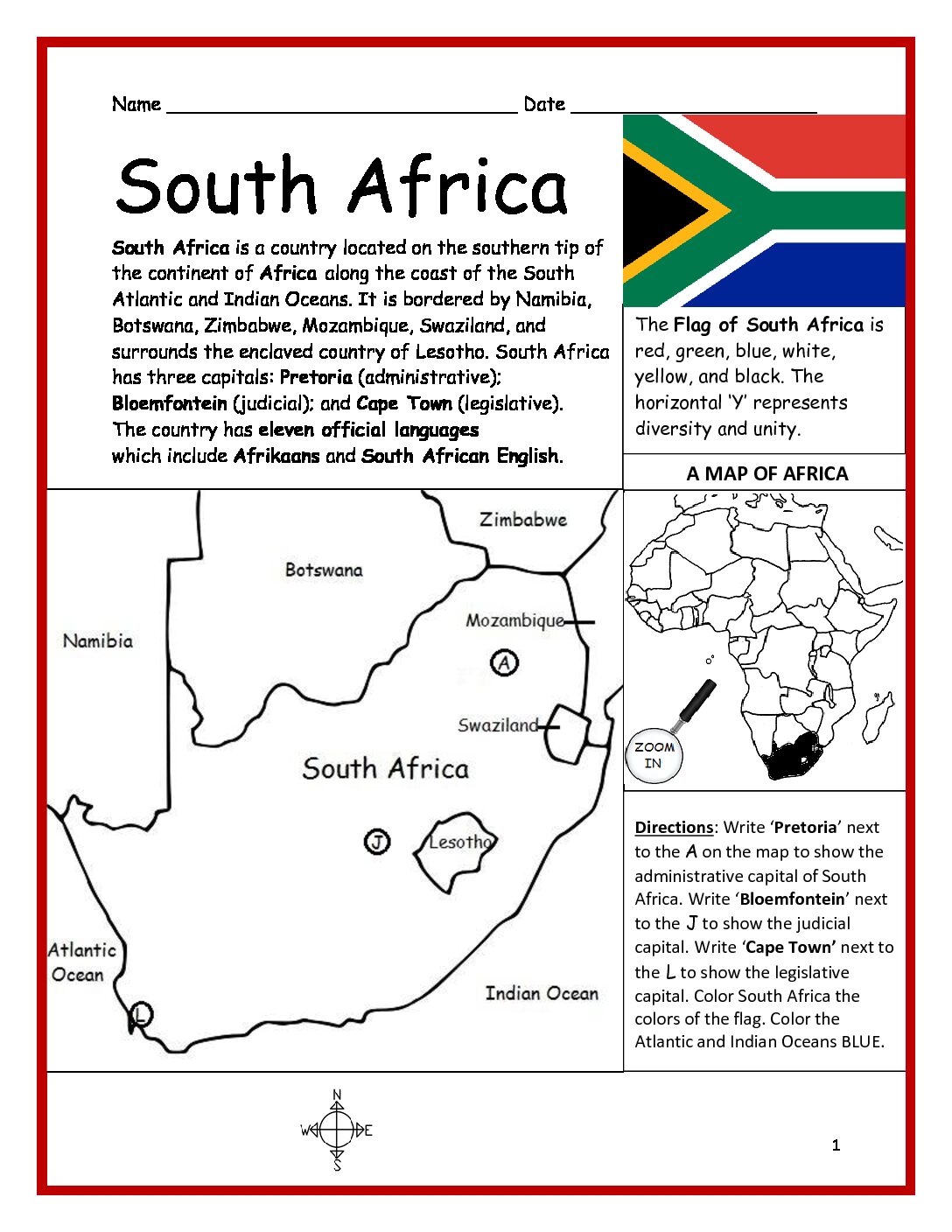 South Africa Printable Worksheet with Map and Flag