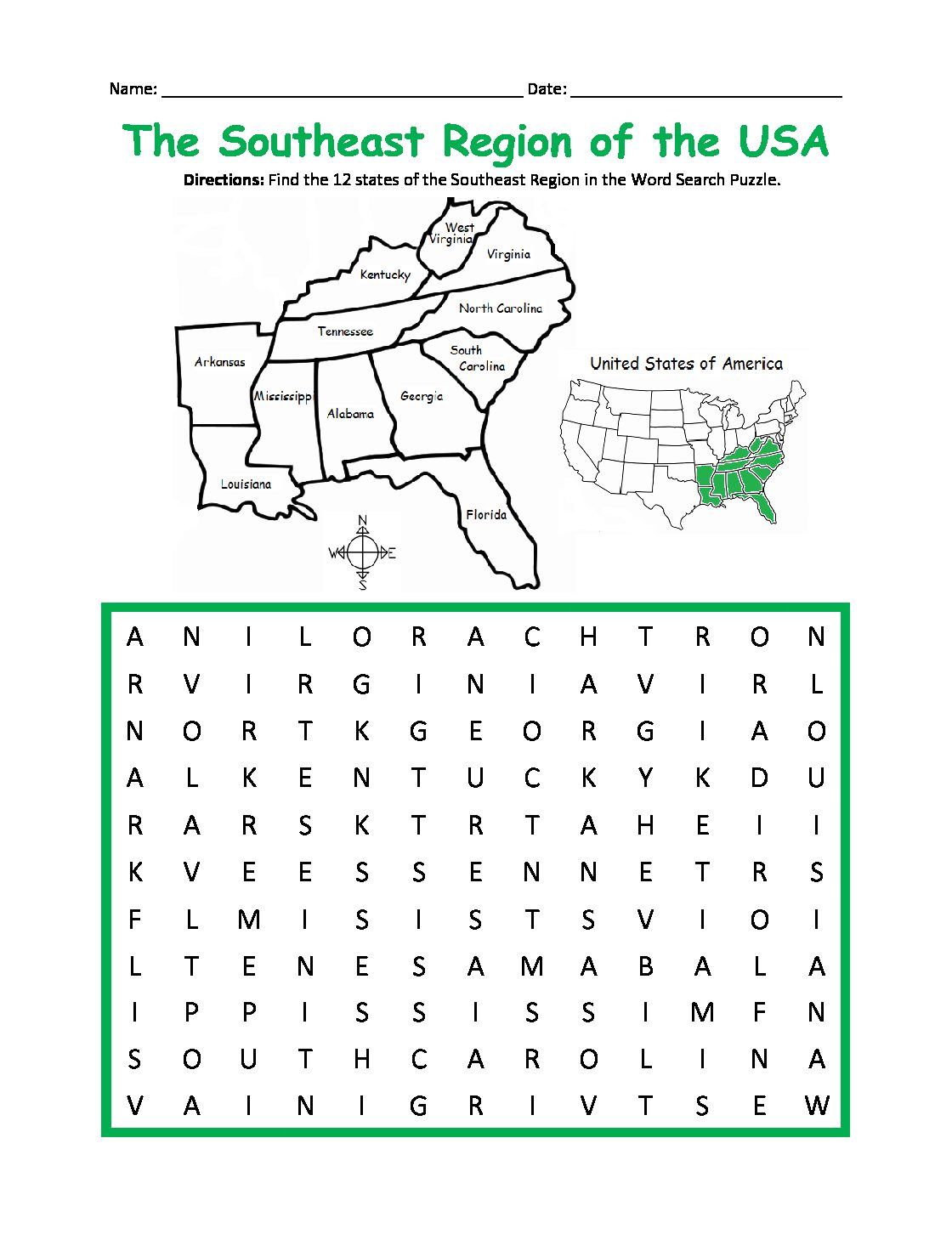 Southeast Region of the United States Printable Map and Word Search Puzzle Activity