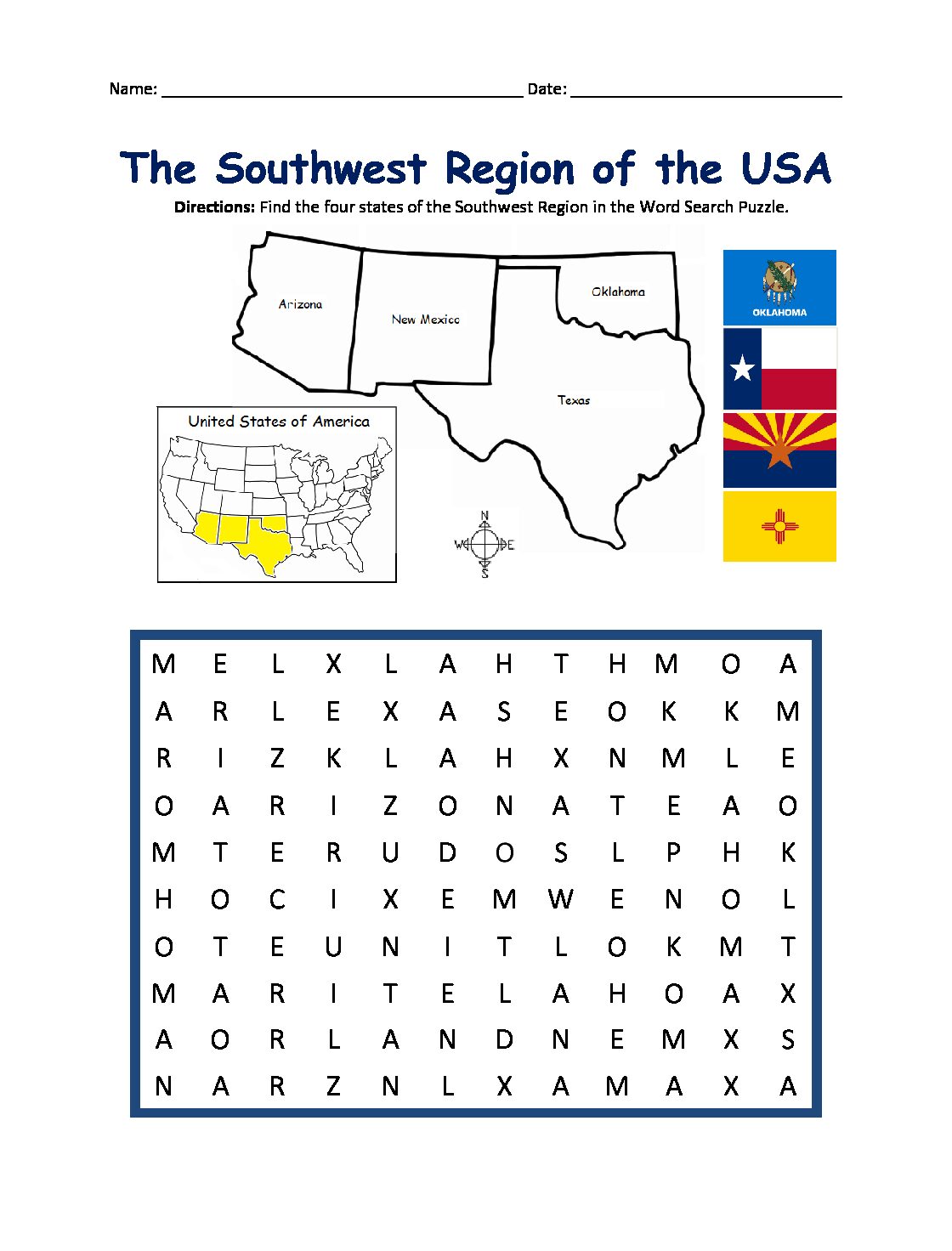 Southwest Region of the United States Printable Map and Word Search Puzzle Activity