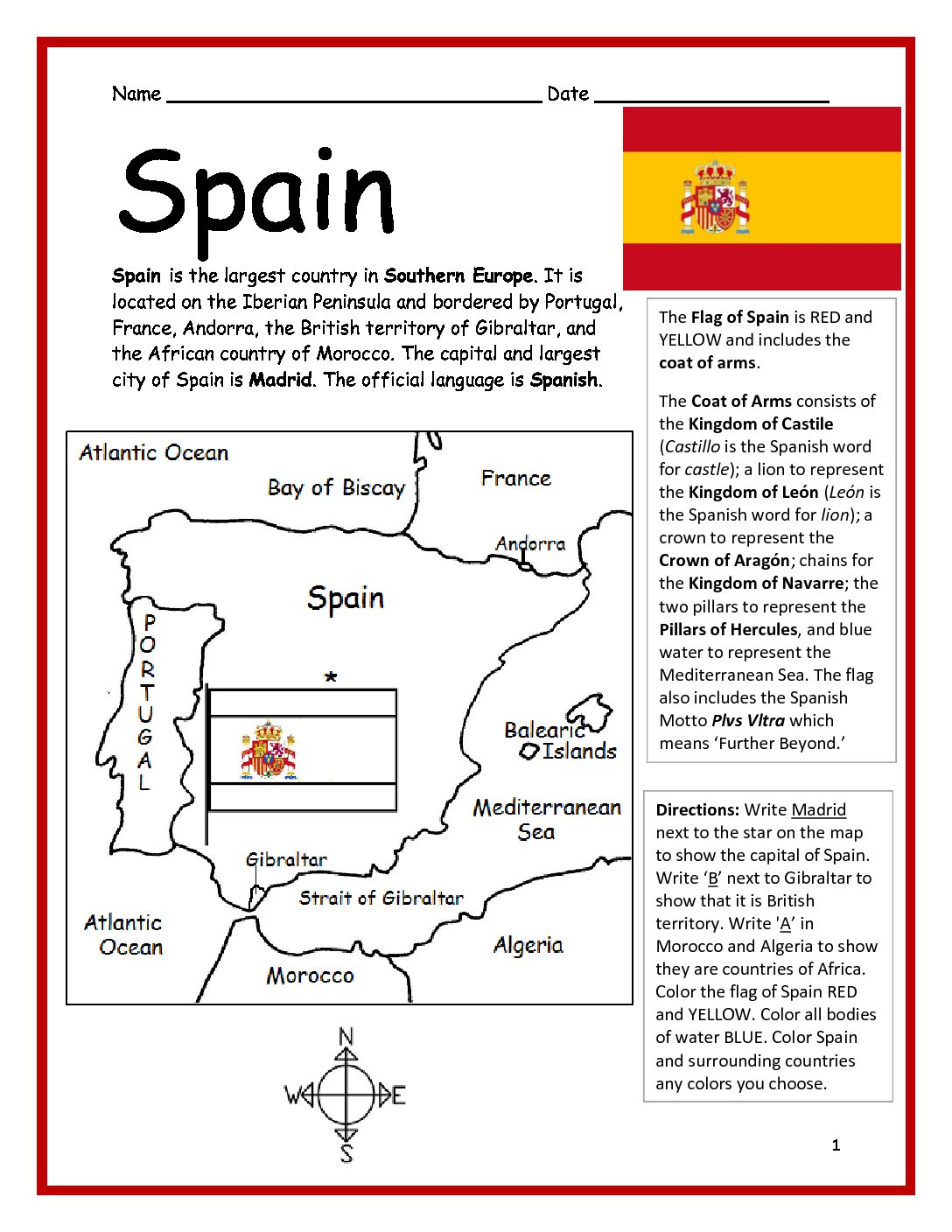 Spain Printable Worksheet with Map and Flag