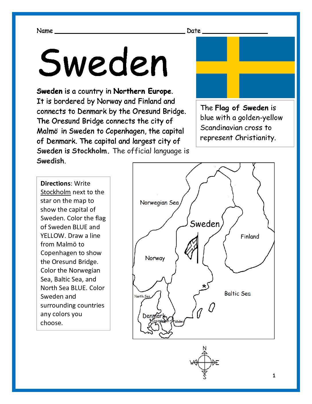 Sweden Printable Worksheet with Map and Flag