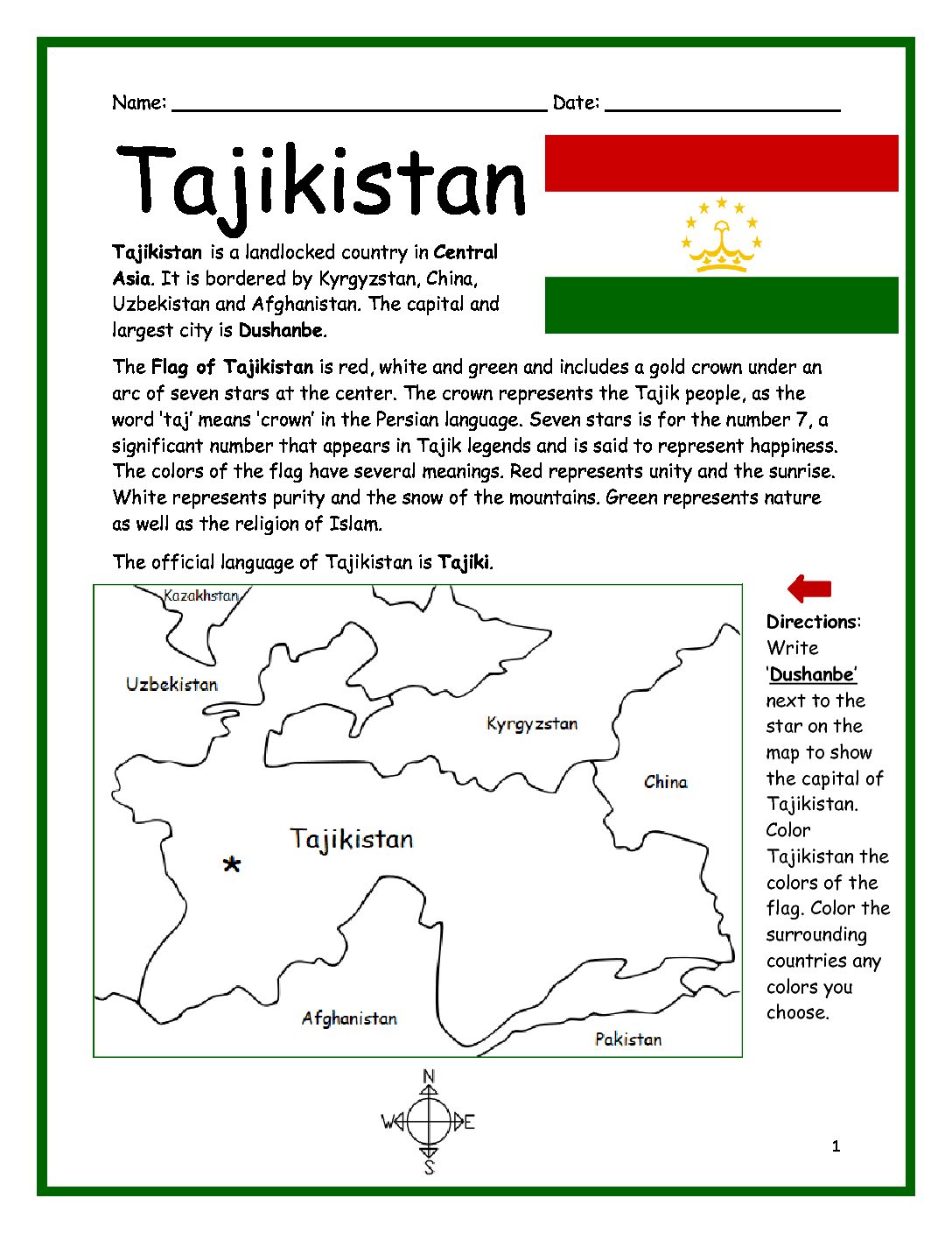 Tajikistan Printable Worksheet