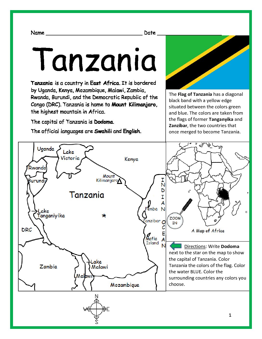 Tanzania Printable Worksheet with Map and Flag
