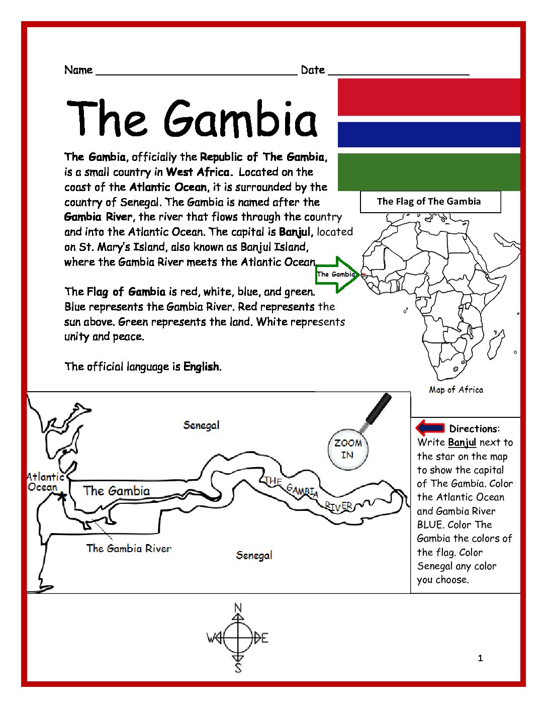 The Gambia Printable Worksheet with Map and Flag