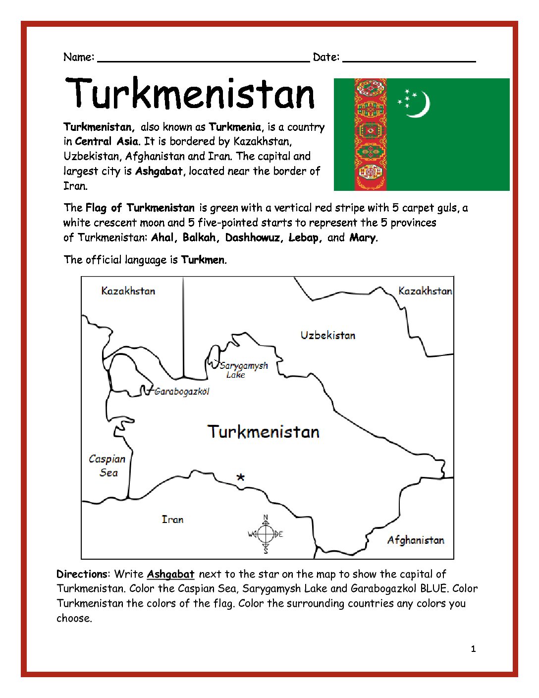 Turkmenistan Printable Worksheet