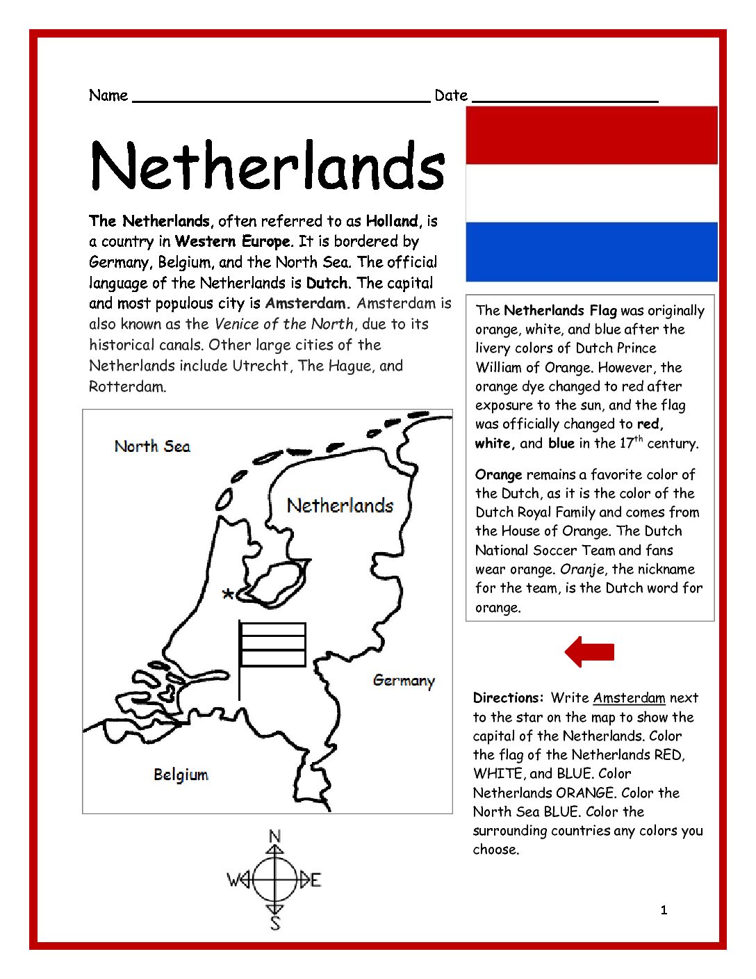 The Netherlands Printable Worksheet with Map and Flag
