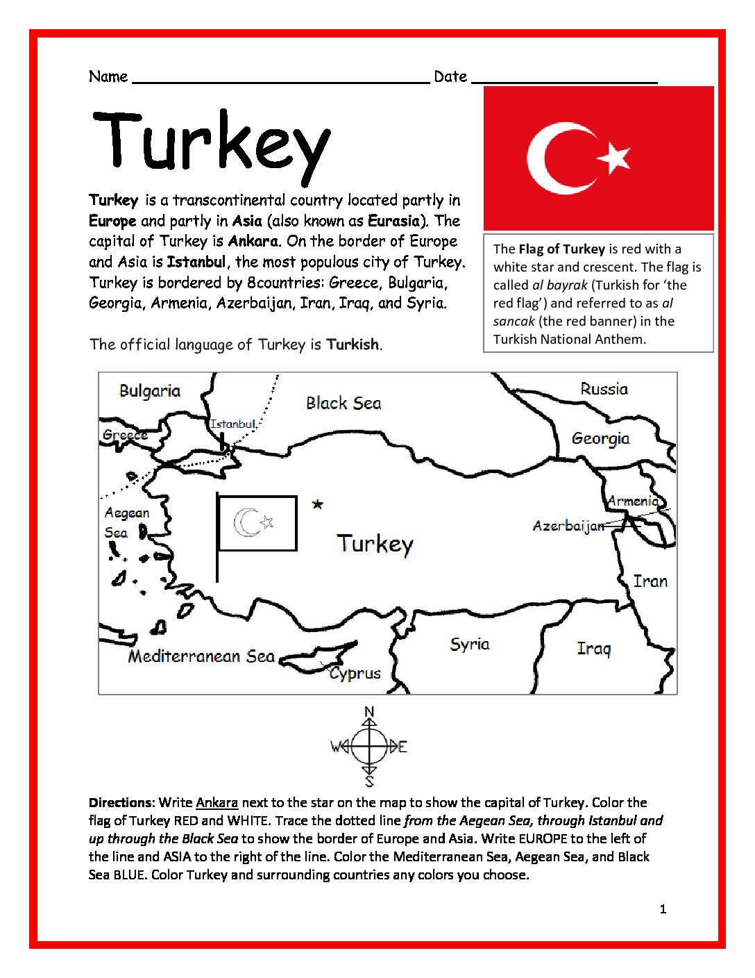 Turkey Printable Worksheet with Map and Flag