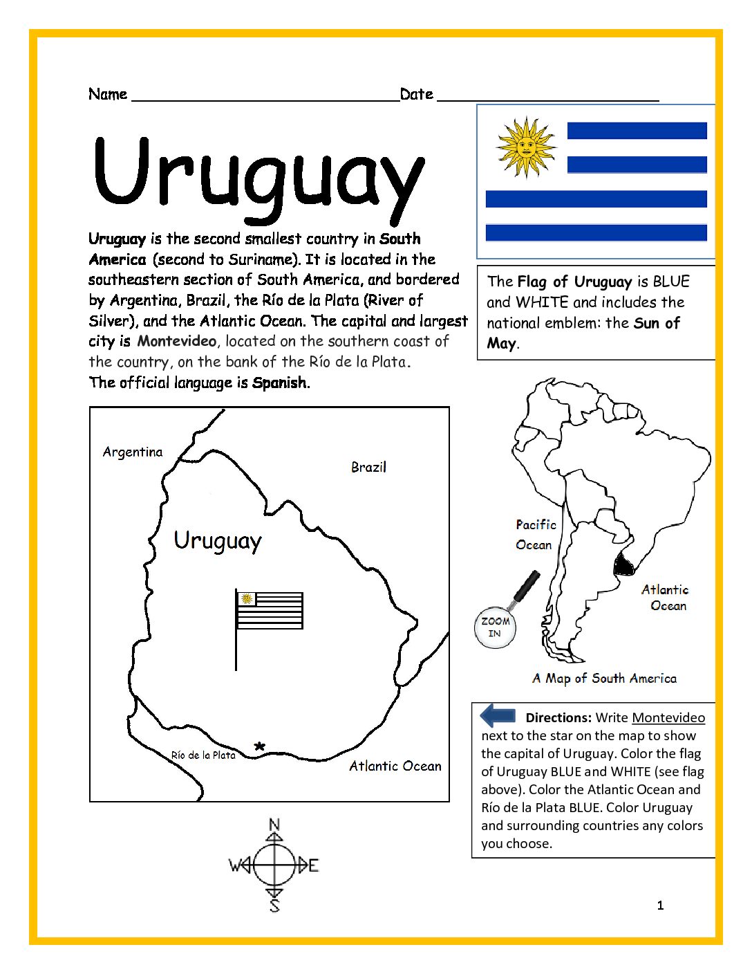 Uruguay Printable Worksheet with Map and Flag