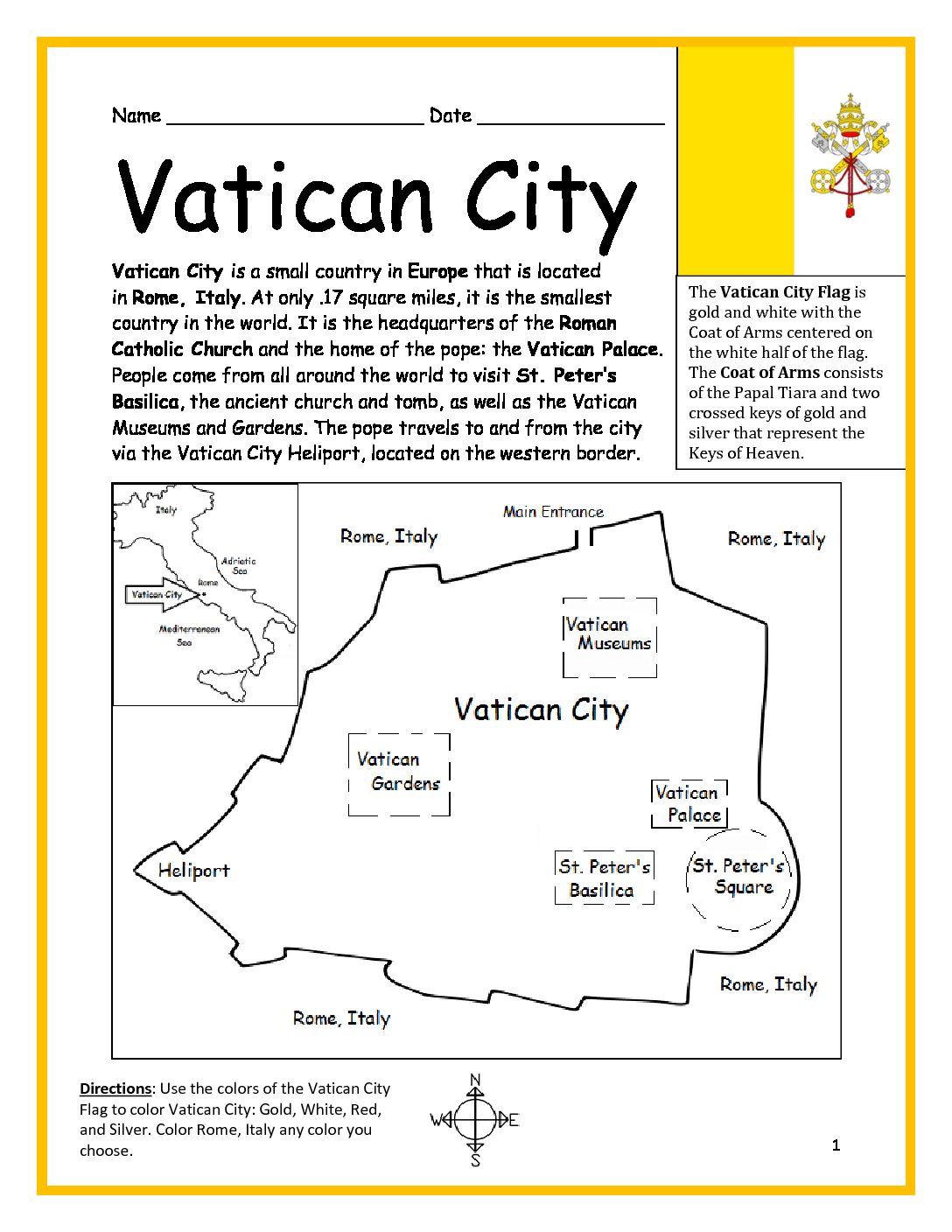 Vatican City Printable Worksheet with Map and Flag