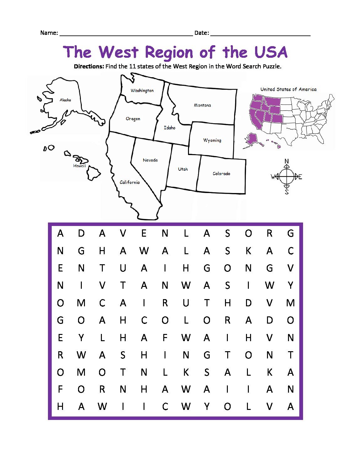 Western Region of the United States Printable Map and Word Search Puzzle Activity