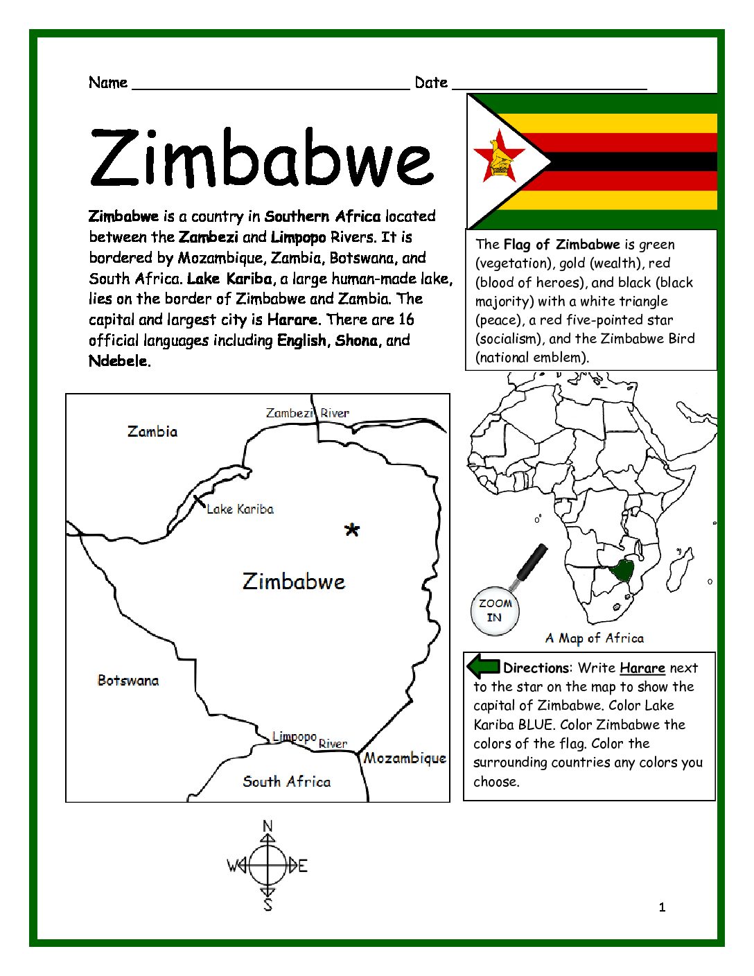 Zimbabwe Printable Worksheet with Map and Flag